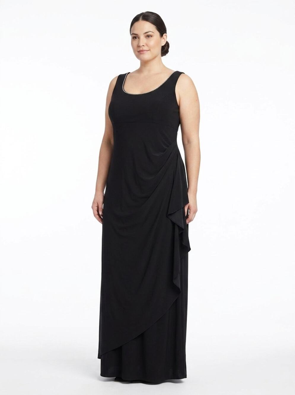 Alex Evenings Black Rhinestone Ruffle Maxi Dress Women Size 16